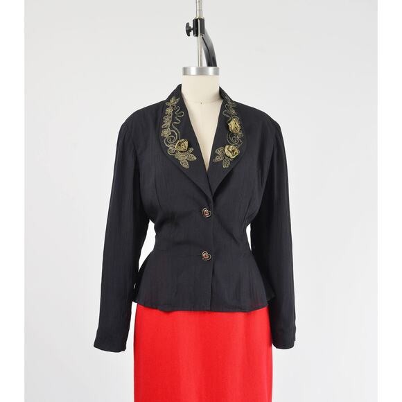 Vintage Carole Little Black Metallic Gold Peplum Jacket Top HEART Buttons M L - Picture 2 of 8